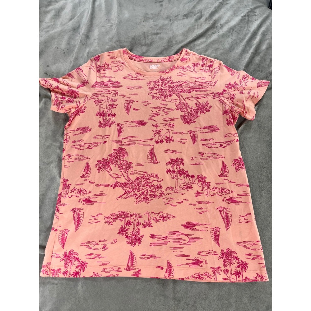 Lands' End Cotton Pink Tropical Island Palm Tree Sailboat Short Sleeve Shirt Sm